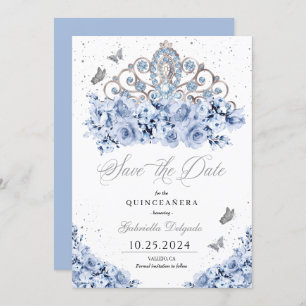 Dusty Blue Silver Tiara Save The Date Quinceañera Invitation