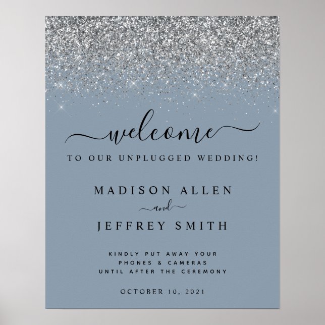 Dusty Blue & Silver Unplugged Wedding Welcome Poster (Front)