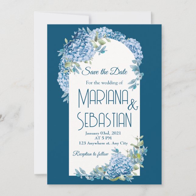 Dusty Blue & Silver Watercolor Floral Boho Wedding Invitation (Front)