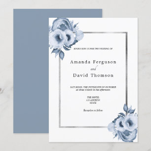 Dusty blue silver watercolored florals wedding invitation