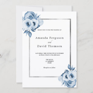 Dusty blue silver watercolored florals wedding invitation