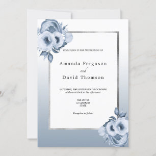 Dusty blue silver watercolored florals wedding invitation
