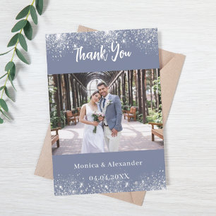 Dusty blue silver wedding photo thank you card