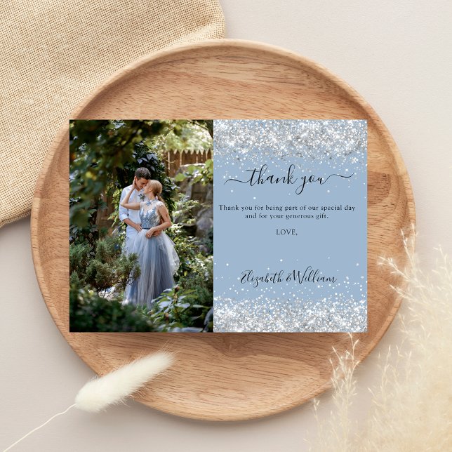 Dusty blue silver wedding photo thank you card (Creator Uploaded)