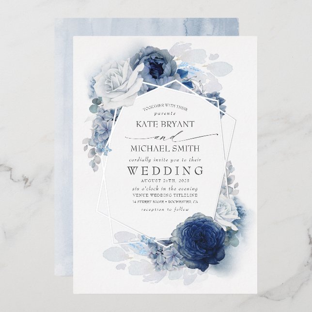 Dusty Blue Silver White Floral Botanical Wedding (Front/Back)