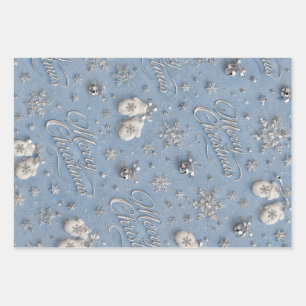 Dusty Blue Silver Winter Merry Christmas wrapping Paper Sheet