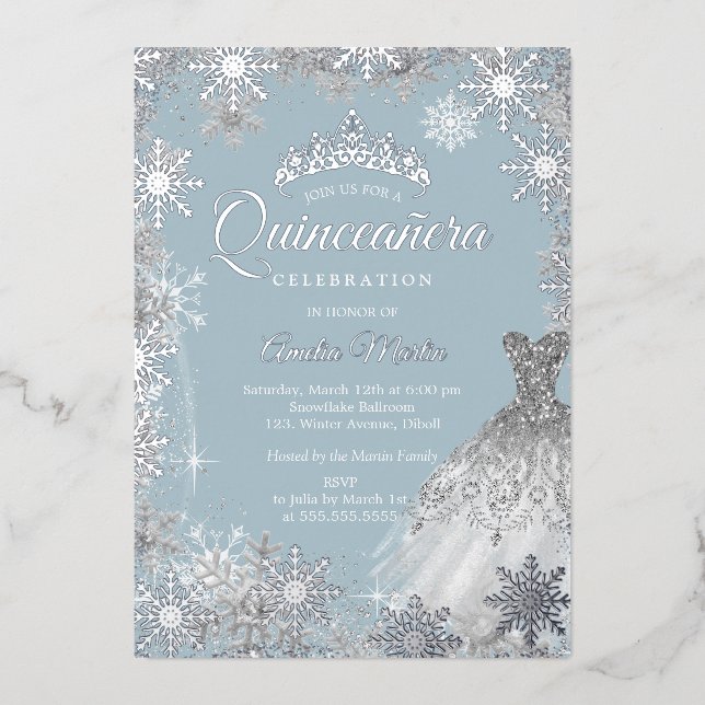 Dusty Blue Silver Winter Snowflake Quinceanera (Front)