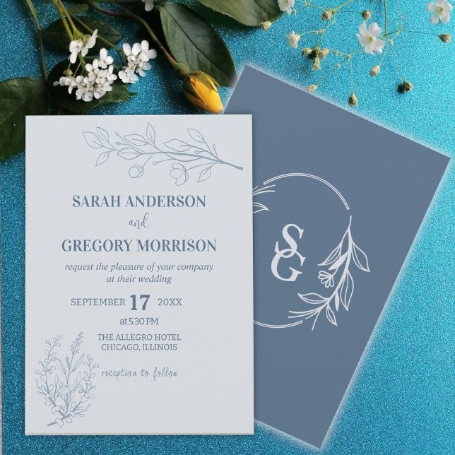 Dusty Blue Simple Boho Floral Bicolor  Wedding  Invitation (Creator Uploaded)