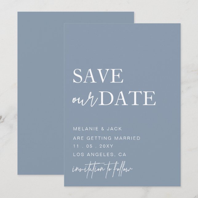 Dusty Blue Simple Calligraphy Save The Date (Front/Back)