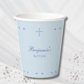 Dusty Blue Simple Cross Christian Baptism Paper Cups