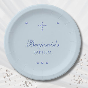 Dusty Blue Simple Cross Christian Baptism Paper Plate