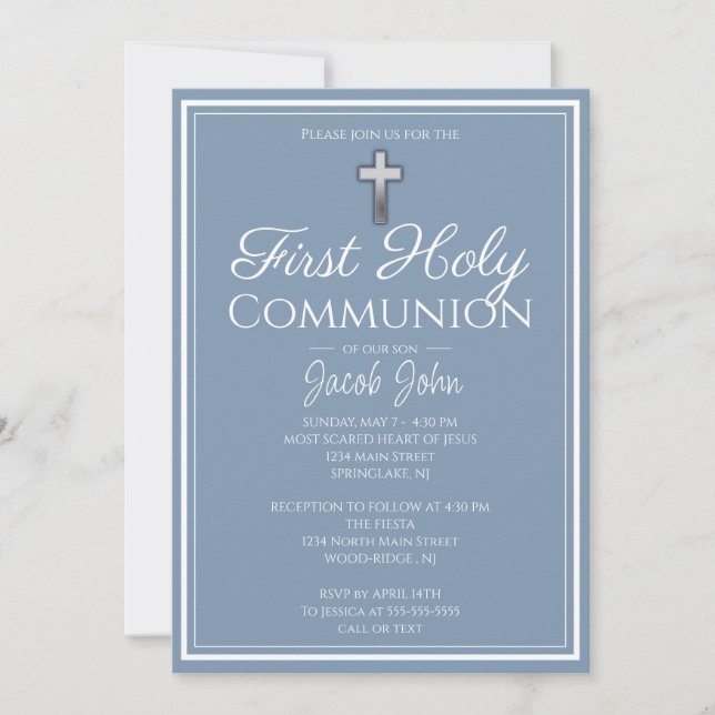 Dusty Blue Simple Elegant Boys Communion Invitation (Front)
