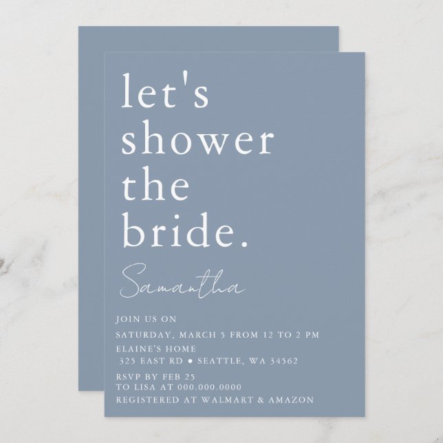 Dusty Blue Simple Elegant Modern Bridal Shower  Invitation (Front/Back)