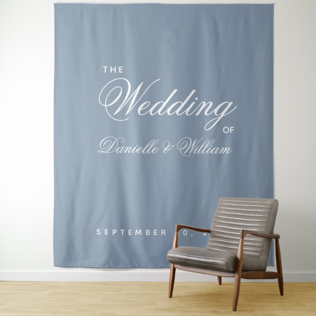 Dusty Blue Simple Elegant Script Wedding Backdrop Tapestry (In Situ)