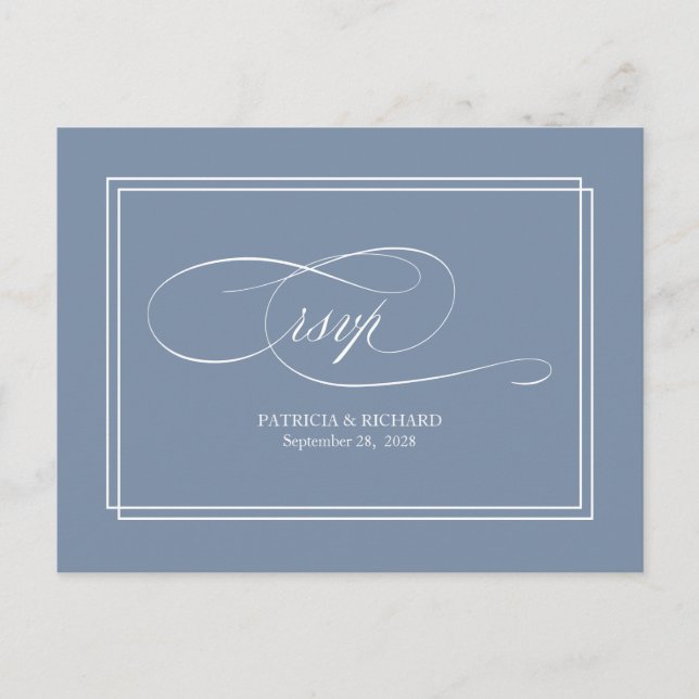 Dusty Blue Simple Elegant Wedding RSVP Postcard (Front)