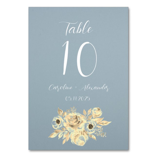 Dusty Blue Simple Floral Script Minimalistic Chic  Table Number (Front)