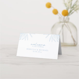 Dusty Blue Simple Hand Drawn Botanical Folded Place Card