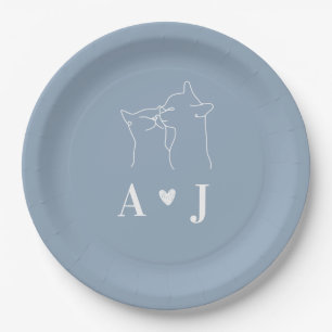 Dusty Blue Simple Minimalist Cat Monogram Wedding  Paper Plate
