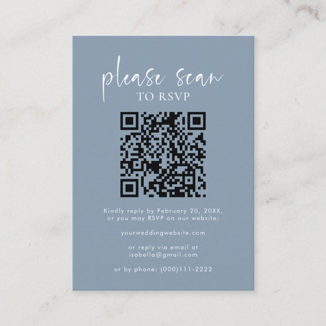 Dusty Blue Simple Minimalist QR Code Wedding RSVP Enclosure Card (Front)
