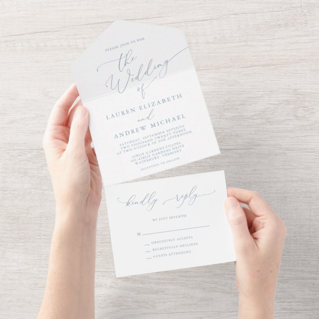 Dusty Blue Simple Minimalist Wedding All In One Invitation (Tearaway)