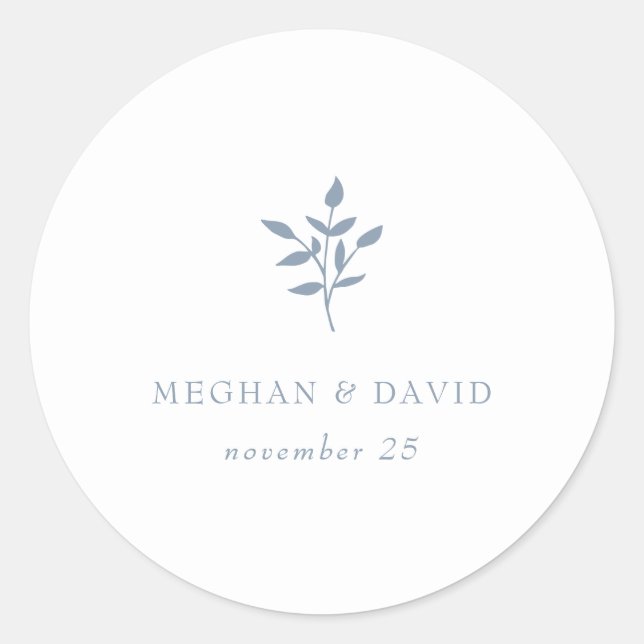 Dusty Blue Simple Modern Botanical Wedding Classic Round Sticker (Front)