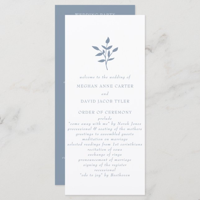 Dusty Blue Simple Modern Botanical Wedding Programme (Front/Back)