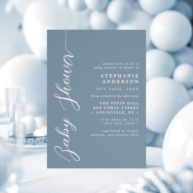 Dusty Blue Simple Modern Script Baby Shower Invitation (Creator Uploaded)