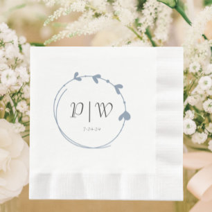Dusty Blue Simple Monogram Heart Wreath Wedding Napkin