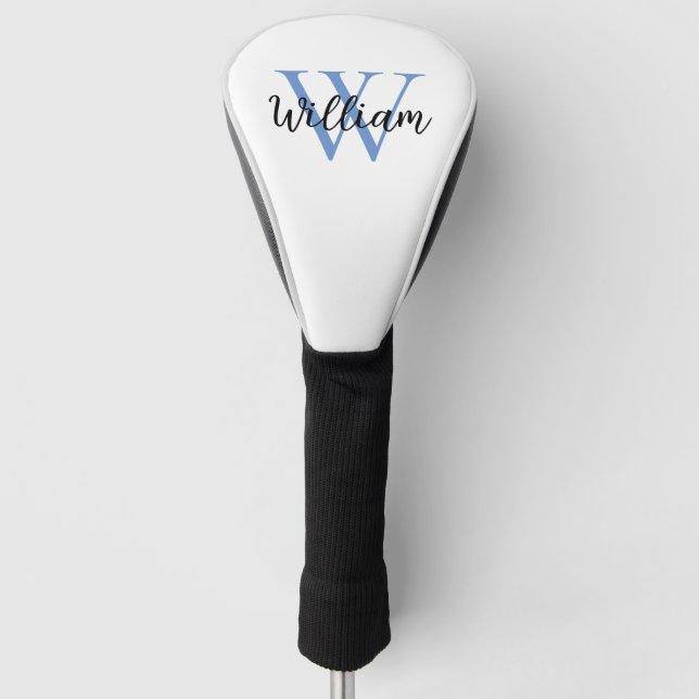 Dusty Blue Simple Monogram Name Personalised Golf Head Cover (Front)