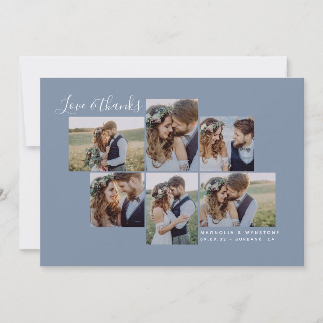 Dusty Blue Simple Photo Collage Wedding  Thank You Card (Front)