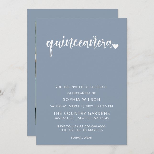 Dusty Blue Simple Script Quinceanera Photo Invitation (Front/Back)
