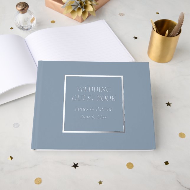 Dusty Blue Simple Stylised Lettering Wedding Guest Book (Front Open)
