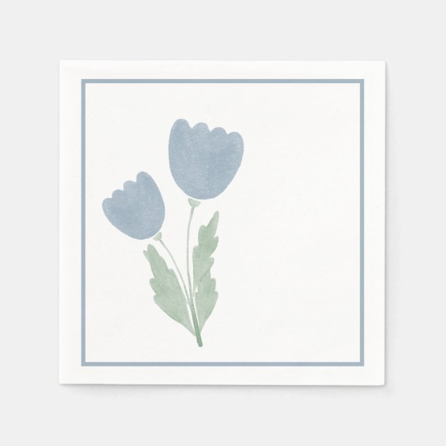 Dusty Blue Simple Watercolor Floral Napkin (Front)