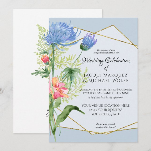 Dusty Blue Simple Watercolor Modern Floral Wedding Invitation (Front/Back)