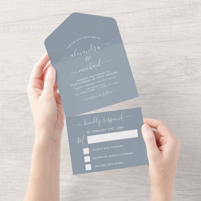 Dusty Blue Simple Wedding Modern Typography RSVP All In One Invitation (Tearaway)