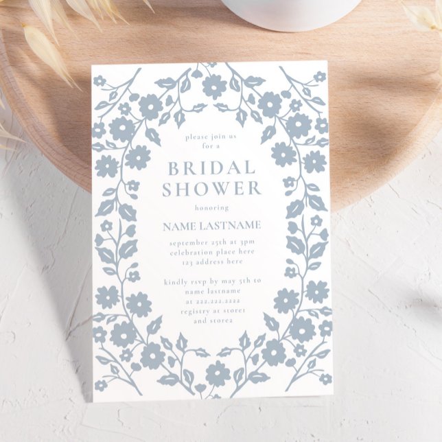 Dusty Blue Simple White Folk Floral Bridal Shower Invitation (Creator Uploaded)