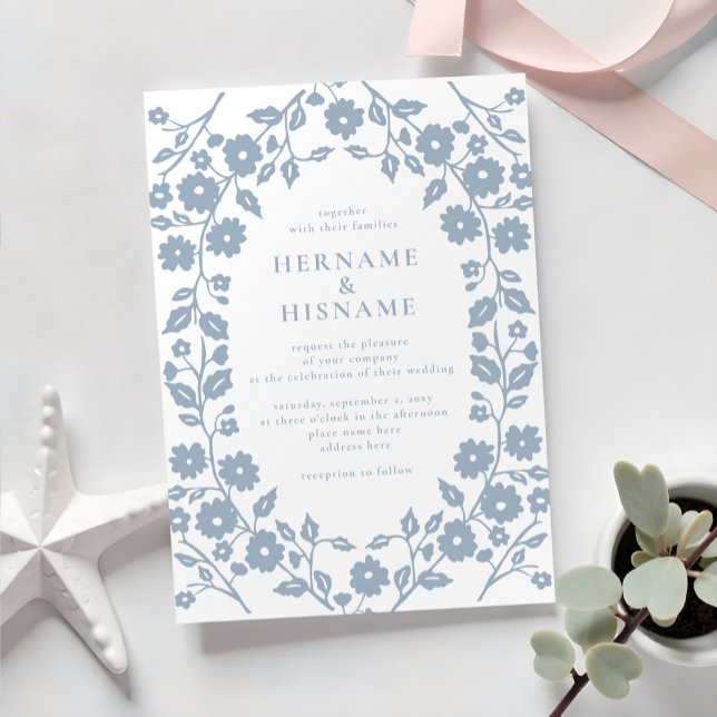Dusty Blue Simple White Folk Floral Wedding Invitation (Creator Uploaded)