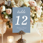 Dusty Blue Simple White Script Calligraphy Wedding Table Number<br><div class="desc">A simple wedding table number for a dusty blue wedding colour scheme. It is just white text on a dusty blue background. Everything except the number itself is written in an elegant calligraphic script.</div>