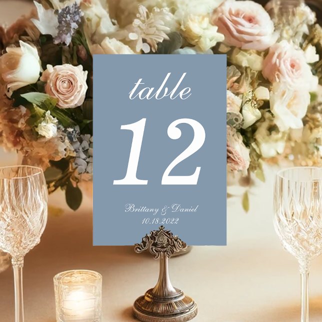 Dusty Blue Simple White Script Calligraphy Wedding Table Number (Creator Uploaded)