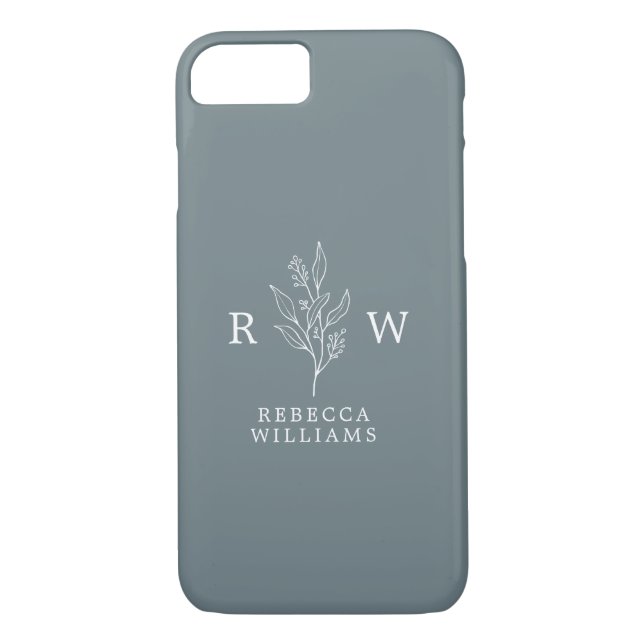 Dusty Blue Sketched Floral Wildflower Monogram Case-Mate iPhone Case (Back)