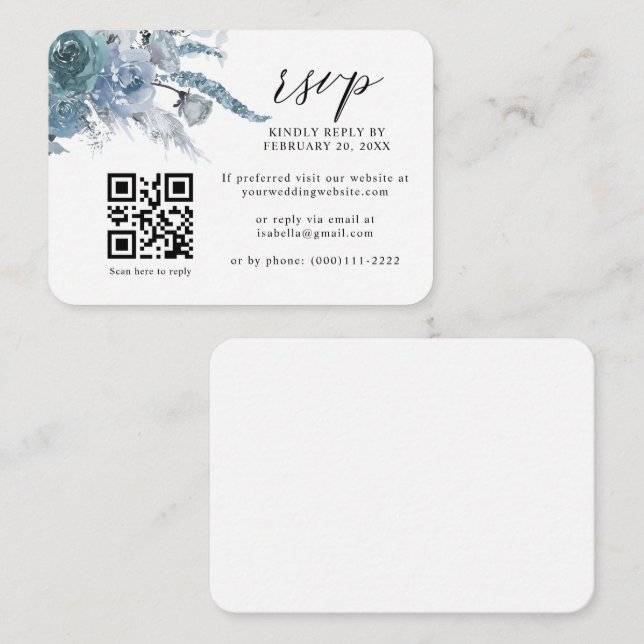 Dusty Blue Slate Boho Floral QR Code Wedding RSVP Enclosure Card (Front/Back)