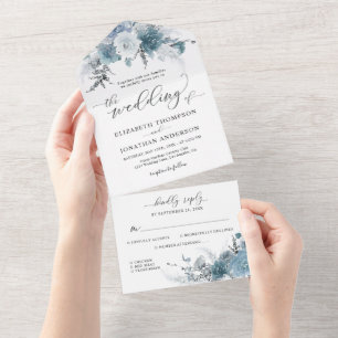 Dusty Blue Slate Boho Floral Wedding Details RSVP  All In One Invitation