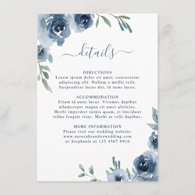 Dusty Blue Slate Floral Botanical Chic Wedding     Enclosure Card (Front)