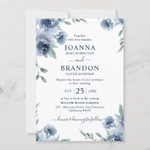 Dusty Blue Slate Floral Botanical Chic Wedding Invitation
