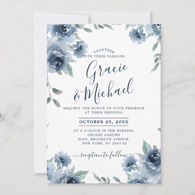 Dusty Blue Slate Floral Botanical Chic Wedding Invitation (Front)