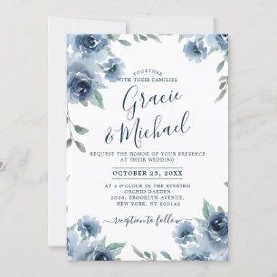 Dusty Blue Slate Floral Botanical Chic Wedding Invitation