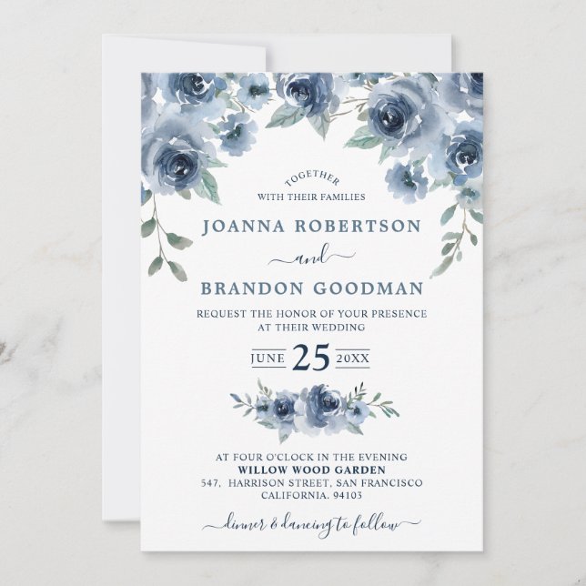 Dusty Blue Slate Floral Botanical Chic Wedding Invitation (Front)