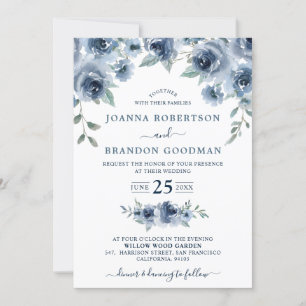 Dusty Blue Slate Floral Botanical Chic Wedding Invitation
