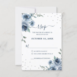 Dusty Blue Slate Floral Botanical Chic Wedding RSVP Card