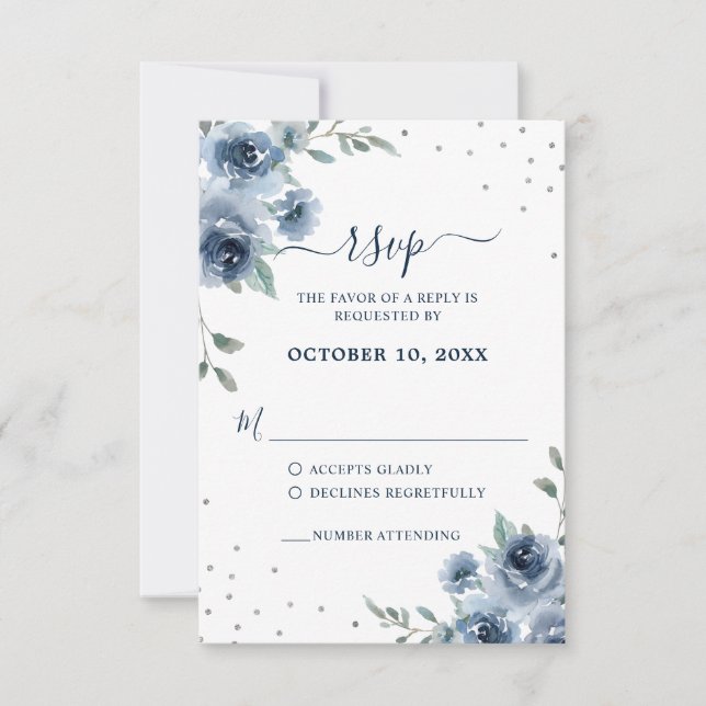 Dusty Blue Slate Floral Botanical Chic Wedding RSVP Card (Front)